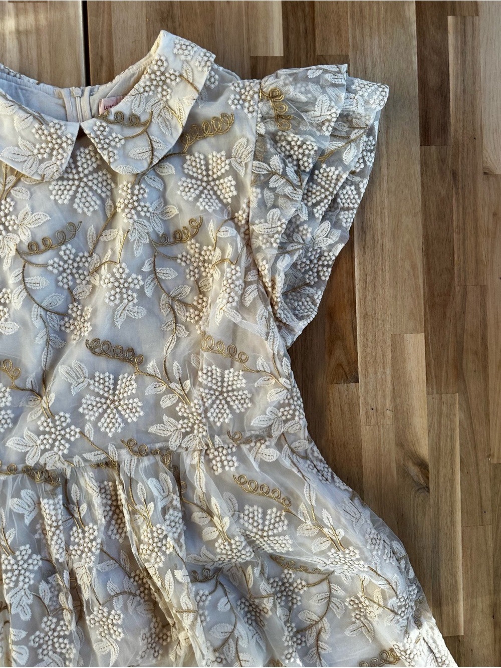 Ivy City Co Cream Dress with Gold Floral Embroidery